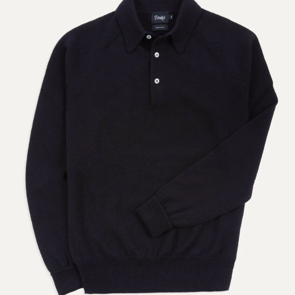 Drake's - Navy Merino Wool Knitted Polo - Size M